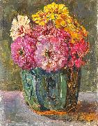 Floris Verster Stillife with zinnias in a ginger pot. oil painting on canvas
